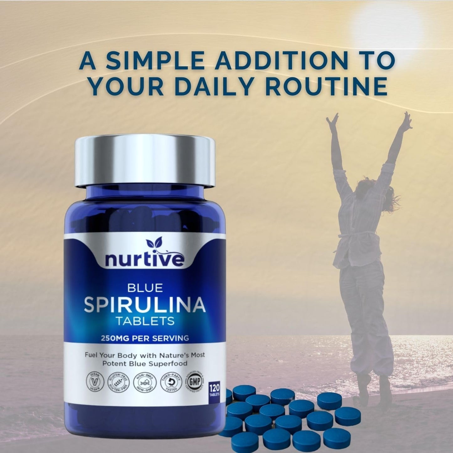 Blue Spirulina Tablets - 250mg per Serving, Phycocyanin