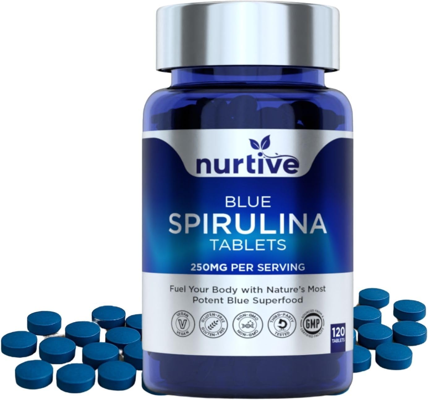Blue Spirulina Tablets - 250mg per Serving, Phycocyanin