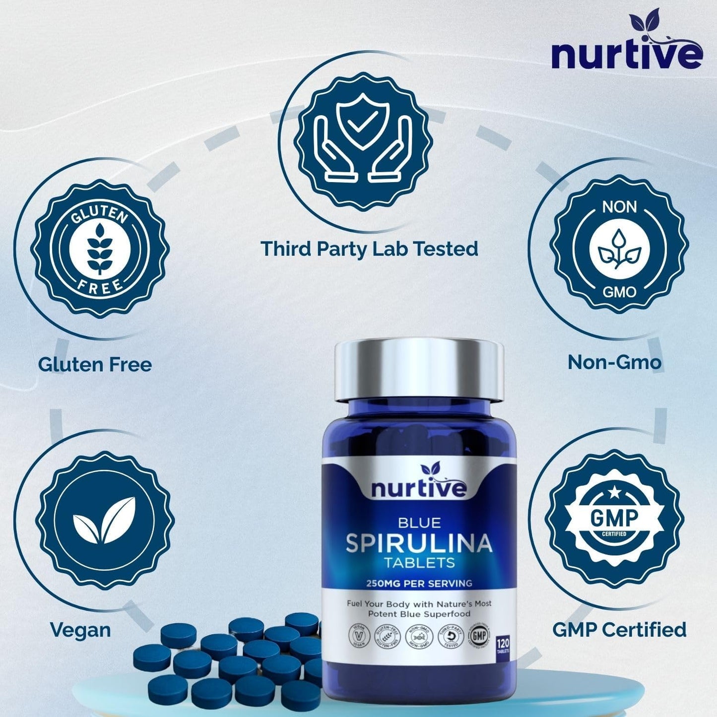 Blue Spirulina Tablets - 250mg per Serving, Phycocyanin