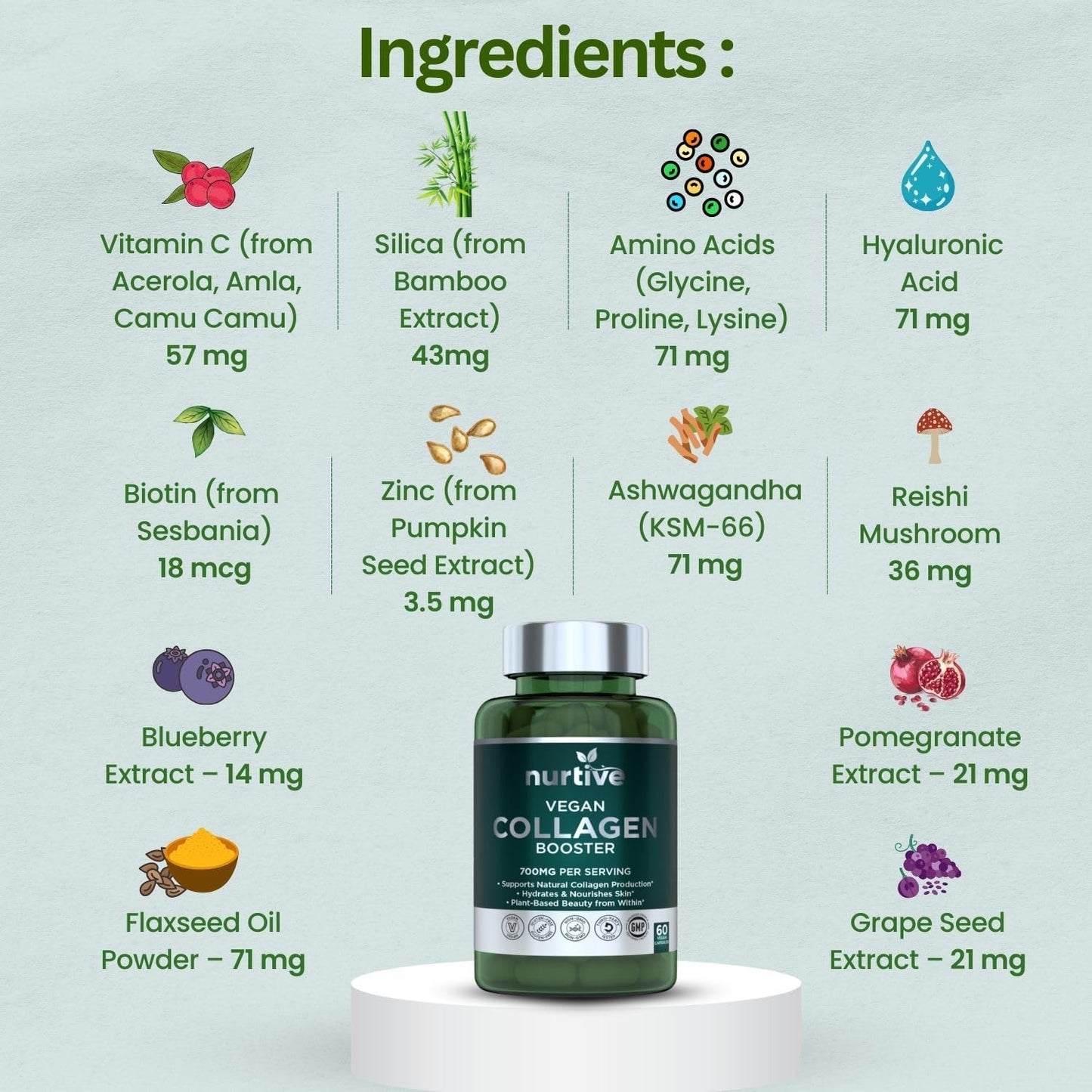 Plant-Based Collagen Booster - Vegan Support with Vitamin C, Amino Acids & Hyaluronic Acid - 700mg per Serving