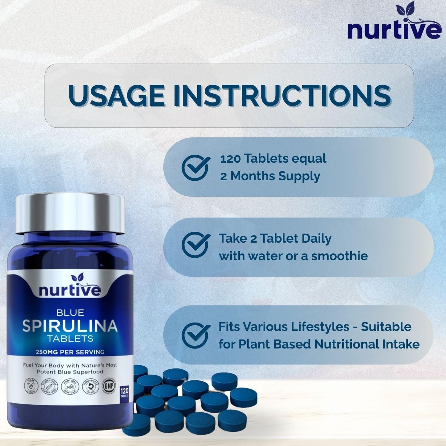 Blue Spirulina Tablets - 250mg per Serving, Phycocyanin