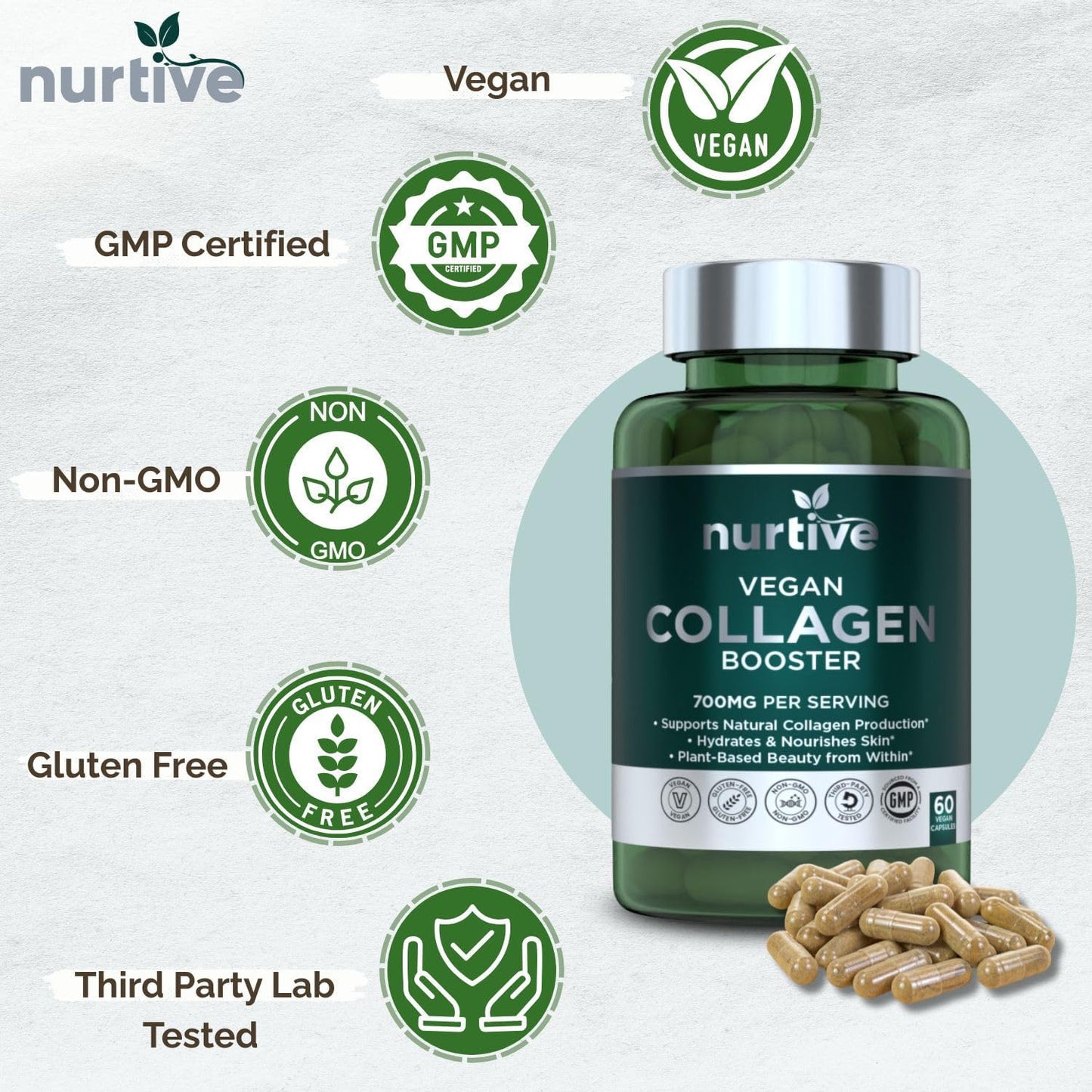 Plant-Based Collagen Booster - Vegan Support with Vitamin C, Amino Acids & Hyaluronic Acid - 700mg per Serving