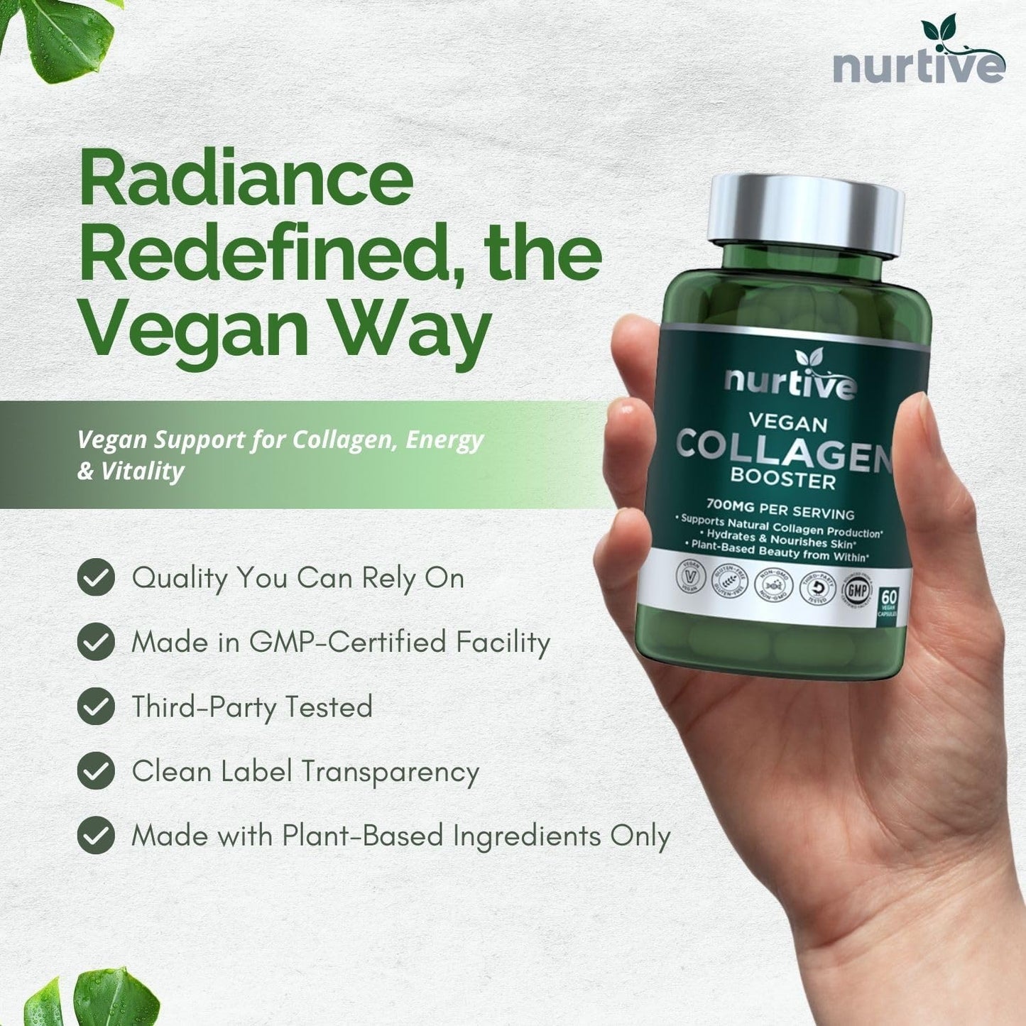 Plant-Based Collagen Booster - Vegan Support with Vitamin C, Amino Acids & Hyaluronic Acid - 700mg per Serving